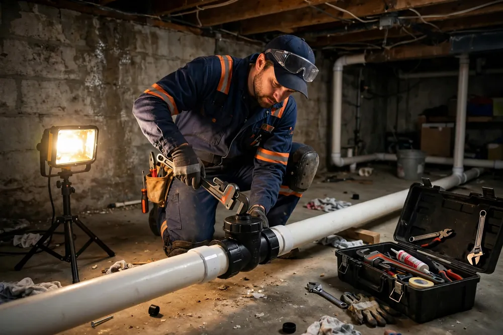 Backwater valve installation on a sewer line in Newark, DE