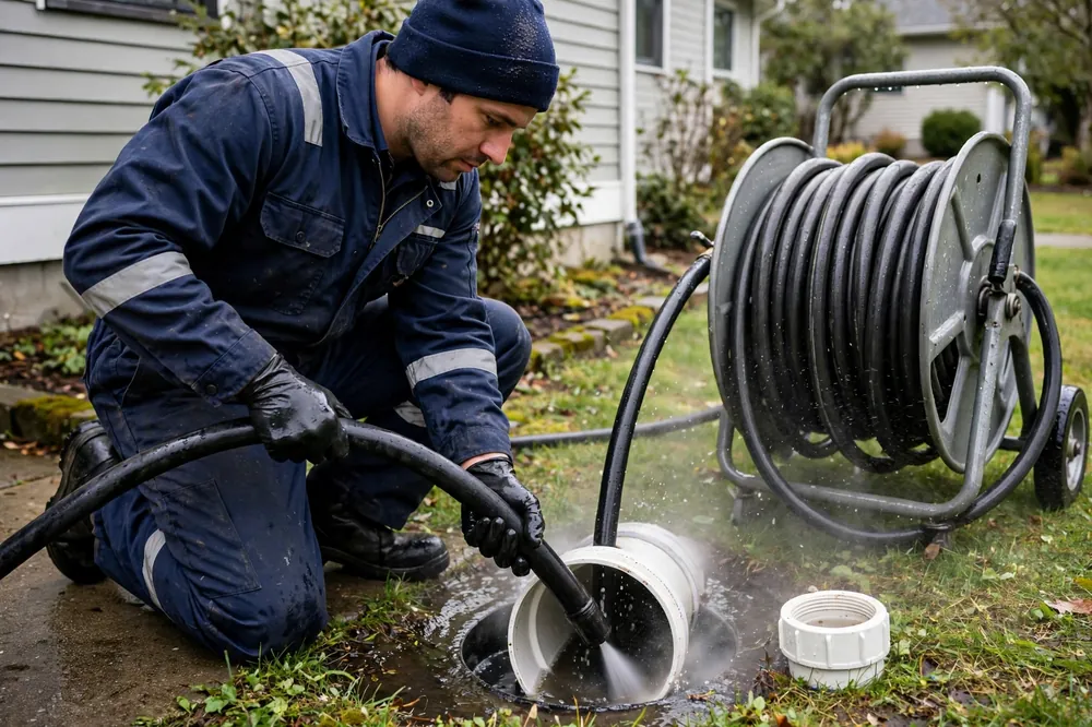 Hydro-jetting service clearing a clogged drain in Newark, DE