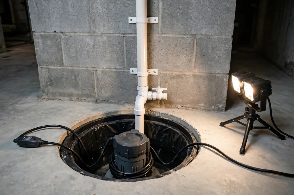Sump pump installed in a basement pit